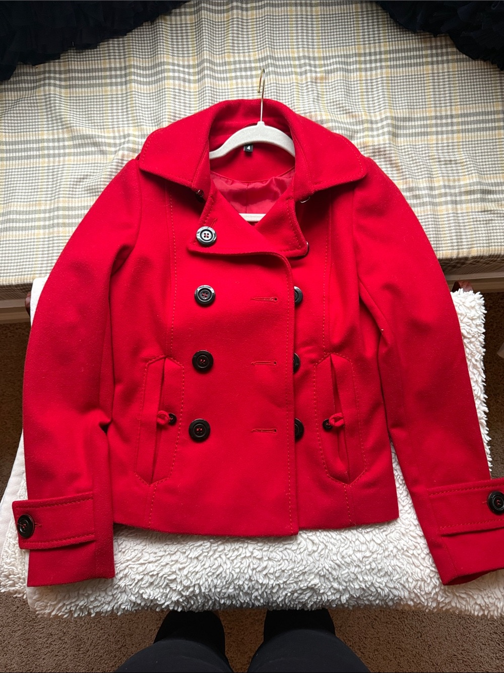 Red Double-Breasted Women's Peacoat Jacket